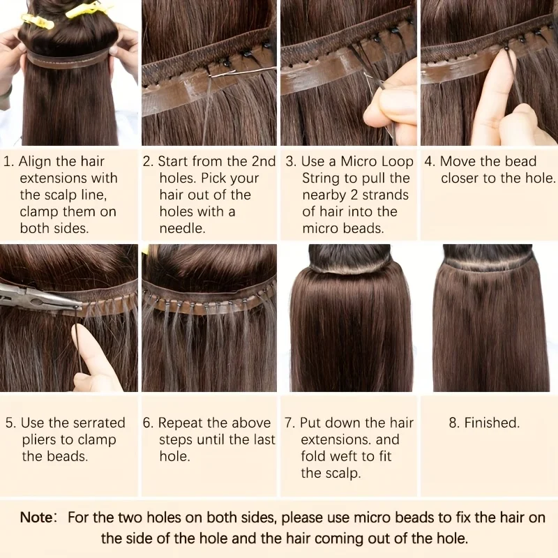 Extensiones de cabello con weft de mariposa, cabello humano invisible PU plano con agujeros y pestañas dobles, 12-24 pulgadas, aplicación con microanillos, 40-50g 6