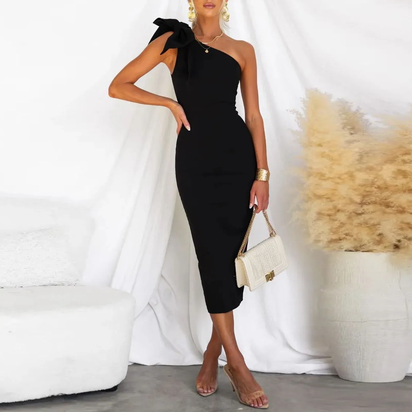 Cocktail kleider für Frauen einfarbig One Shoulder Bownot Bodycon rote Kleider für Frauen Cocktail Abend Ballkleid Kleid