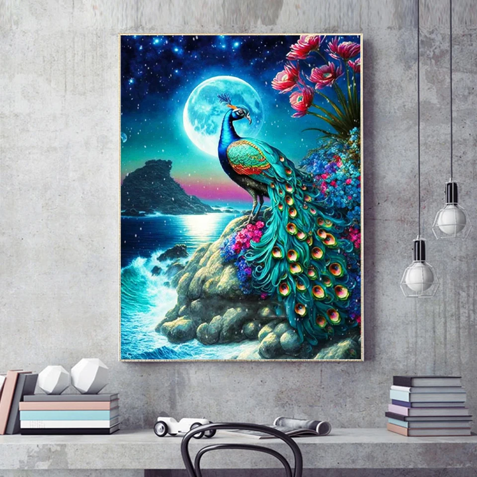 MomoArt Full Round Diamond Embroidery Peacock New Collection 2024 Painting Animal Rhinestone Flower Mosaic Moon Handicraft