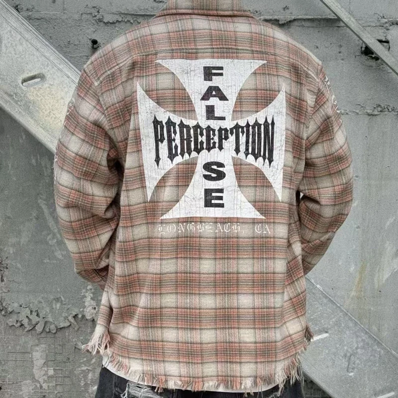 الرجال فحص قميص غير رسمي الخريف جديد التلبيب زر سترة الساحل الغربي المروحيات الرجعية غسل شرابة كل مباراة تي شيرت