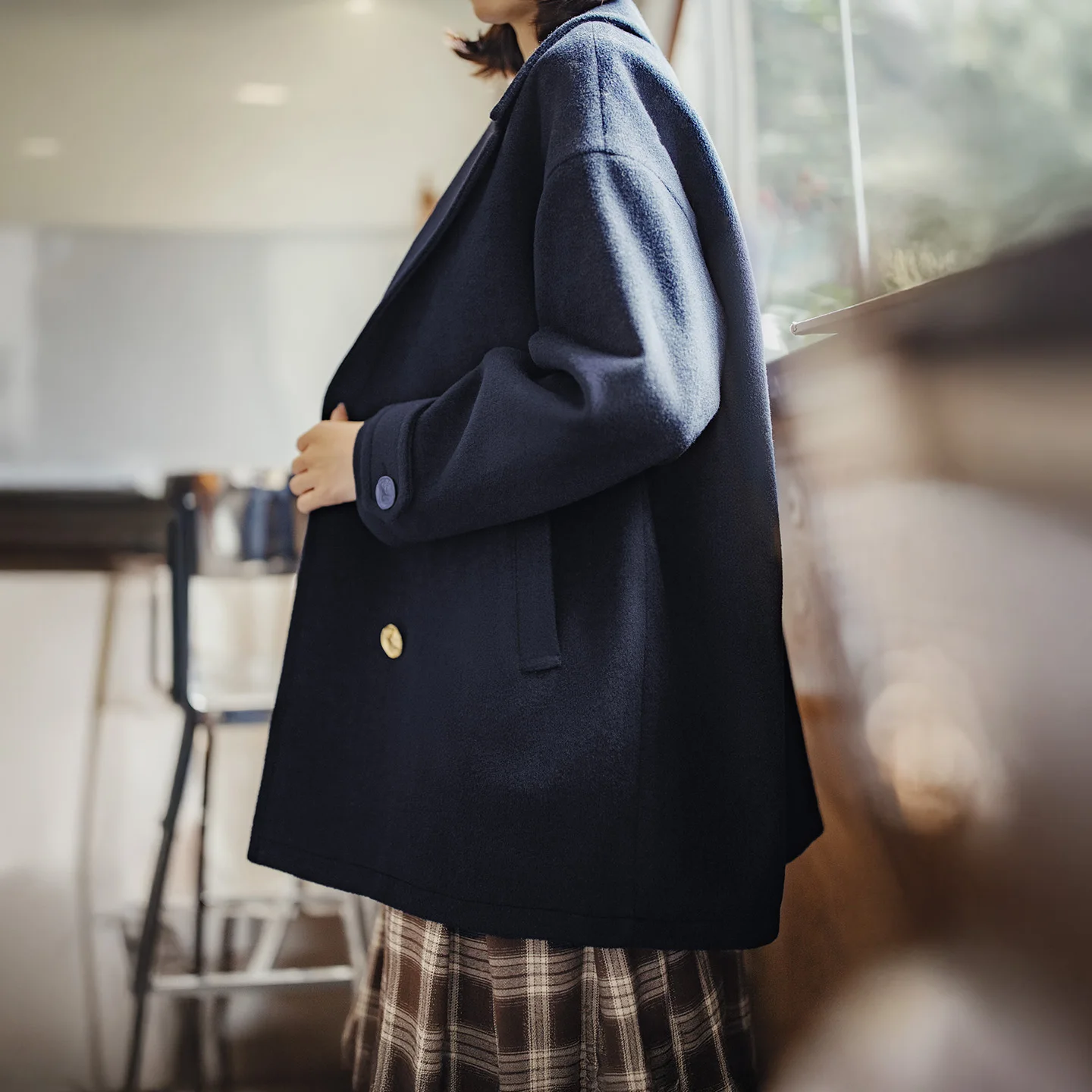 Women's Navy Double-Breasted Mid-Length Wool Coat