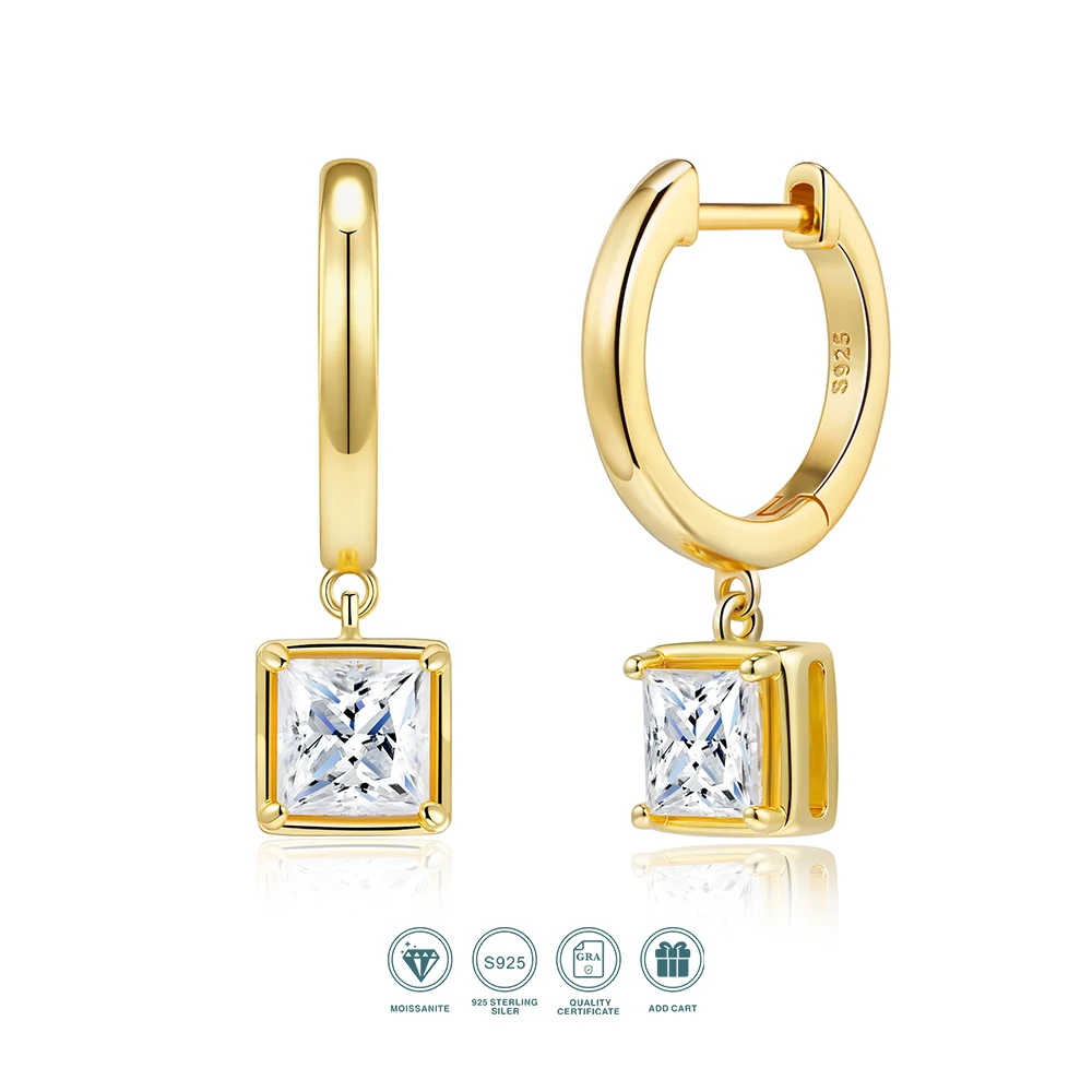 

1 Pair Moissanite Drop Earrings 925 Sterling Silver 18K Gold Plated Princess Cut Stone Jewelry Gift for Women GRA Certificate