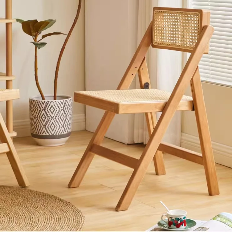 

Foldable Retro Wooden Chair with Woven Rattan Seat Stylish Mid-Century Coffee Shop Stool Space-Saving Compact Design