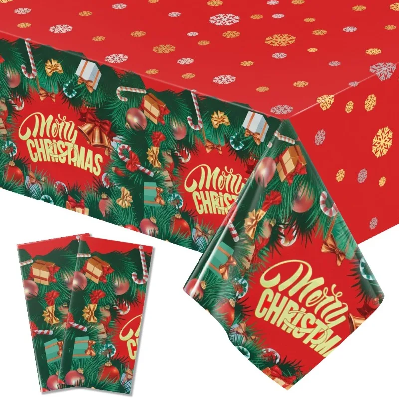 1/3Pcs Foil Christmas Tablecloth 54×72/54×108 Inch, Red‑Green Wreath Print Waterproof Disposable Table Cover for Xmas Party