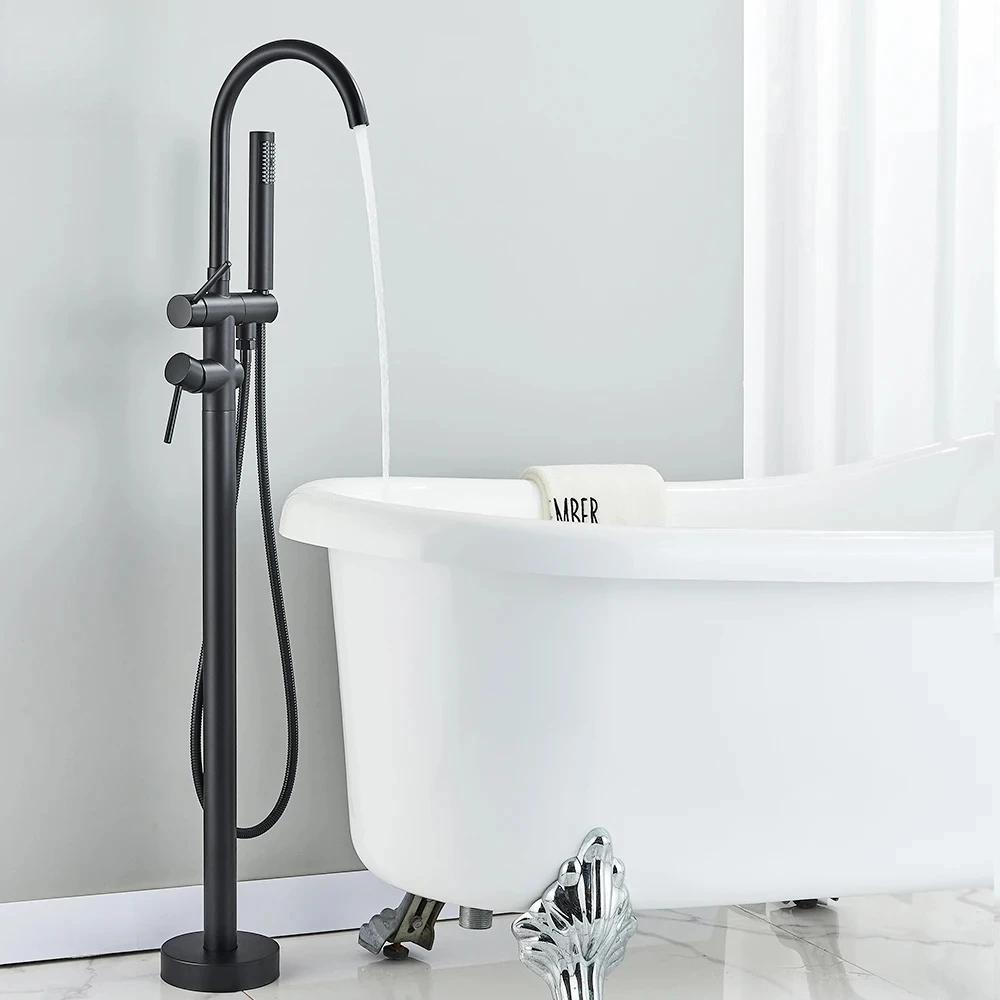 

Floor Free Standing Faucet Single Handle Hot Cold Water Mixer 360 Rotation Spout With Handshower For Bathtub Shower