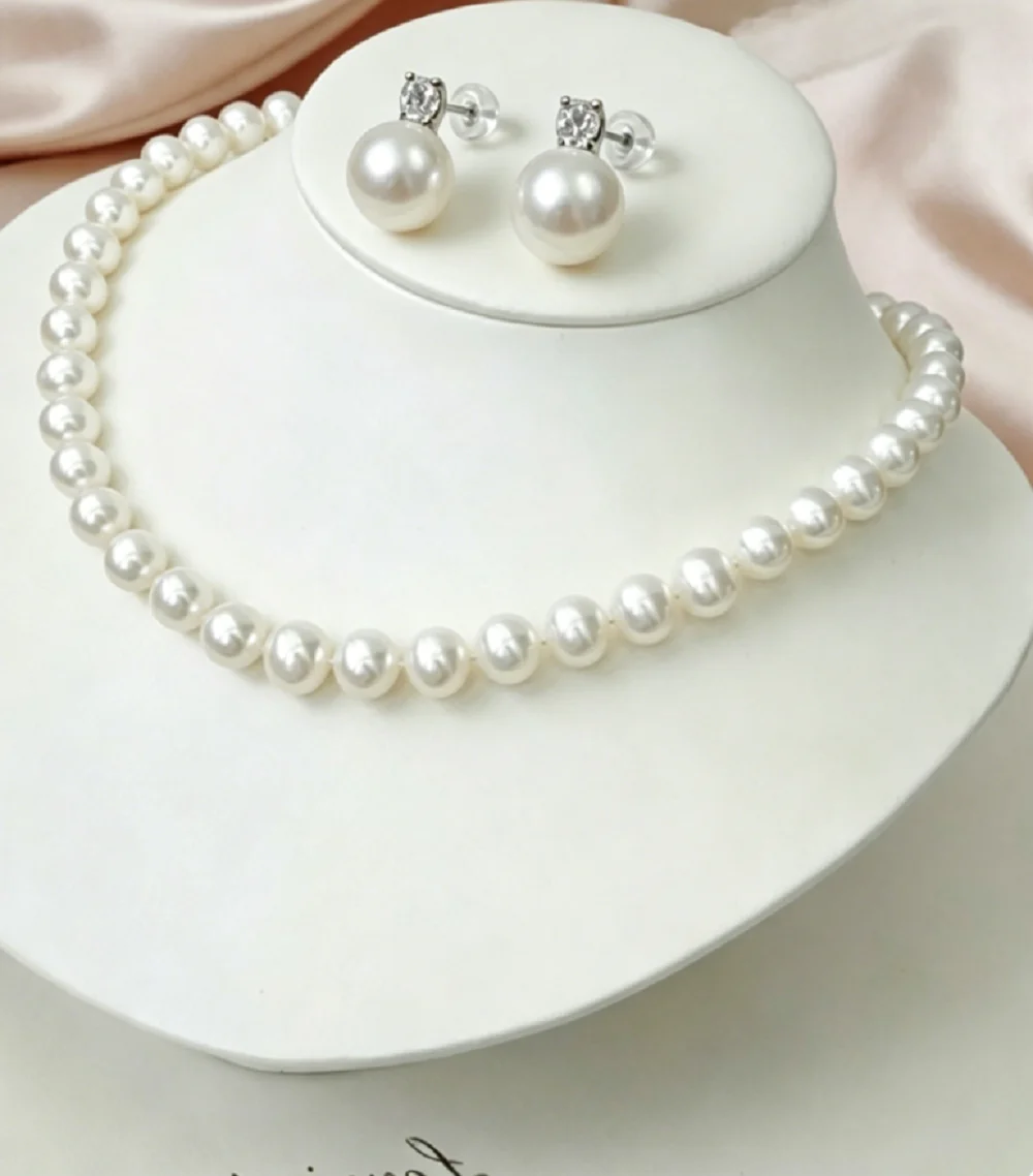 Gorgeous necklace AAAA9-10mm natural round white pearl necklace 18in+earrings 925s/supports customized sizes