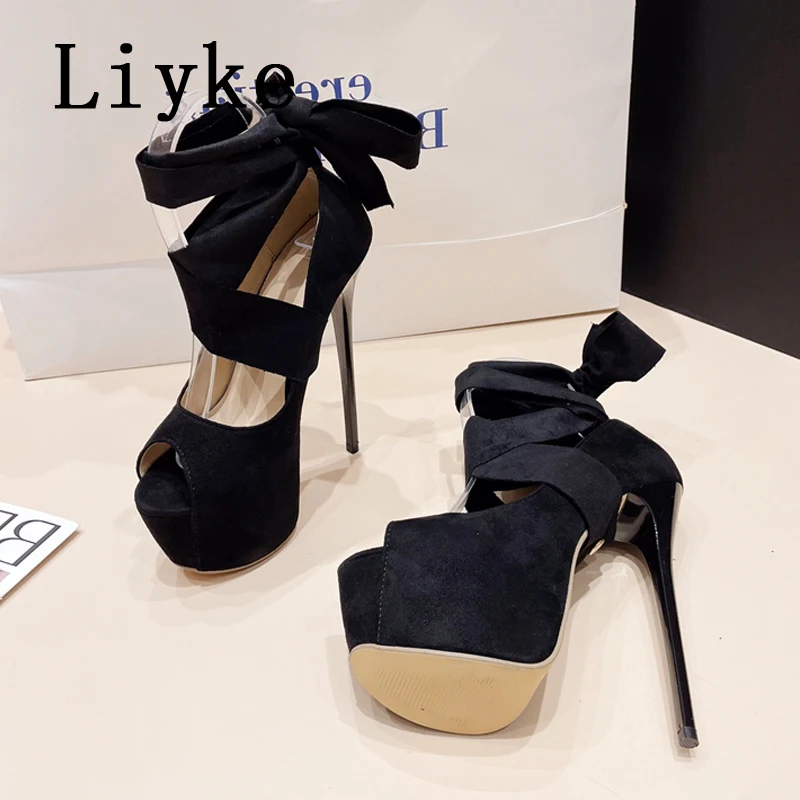 Liyke 2025 Fashion Cross Strap Women Platform Pumps Sandals Sexy Peep Toe Super High Heels Party Stripper Shoes Stilettos Mujer