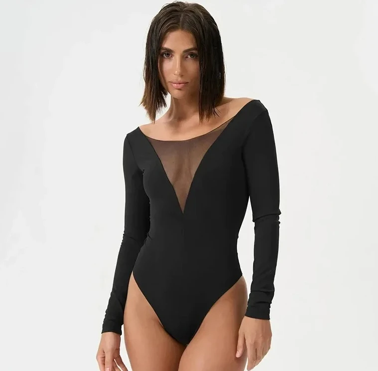 

Summer Wide Collar Mesh Splice Long Sleeve Women's Cross-Border Clothing Pure Color Transparent Design