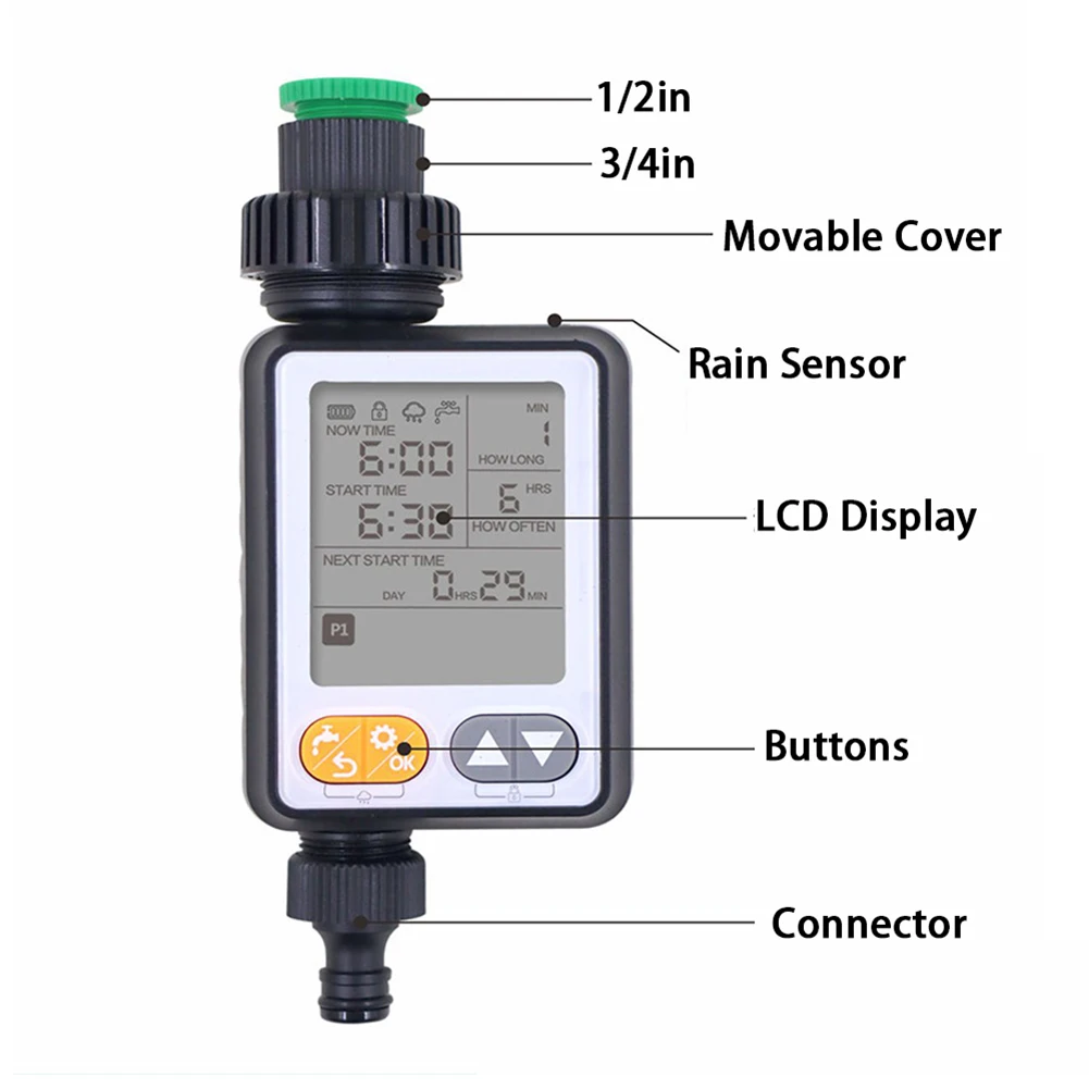 

Таймер для садовой воды с водонепроницаемой автоматической задержкой дождя IPX5 и большим ЖК-дисплеем для системы полива спринклеров