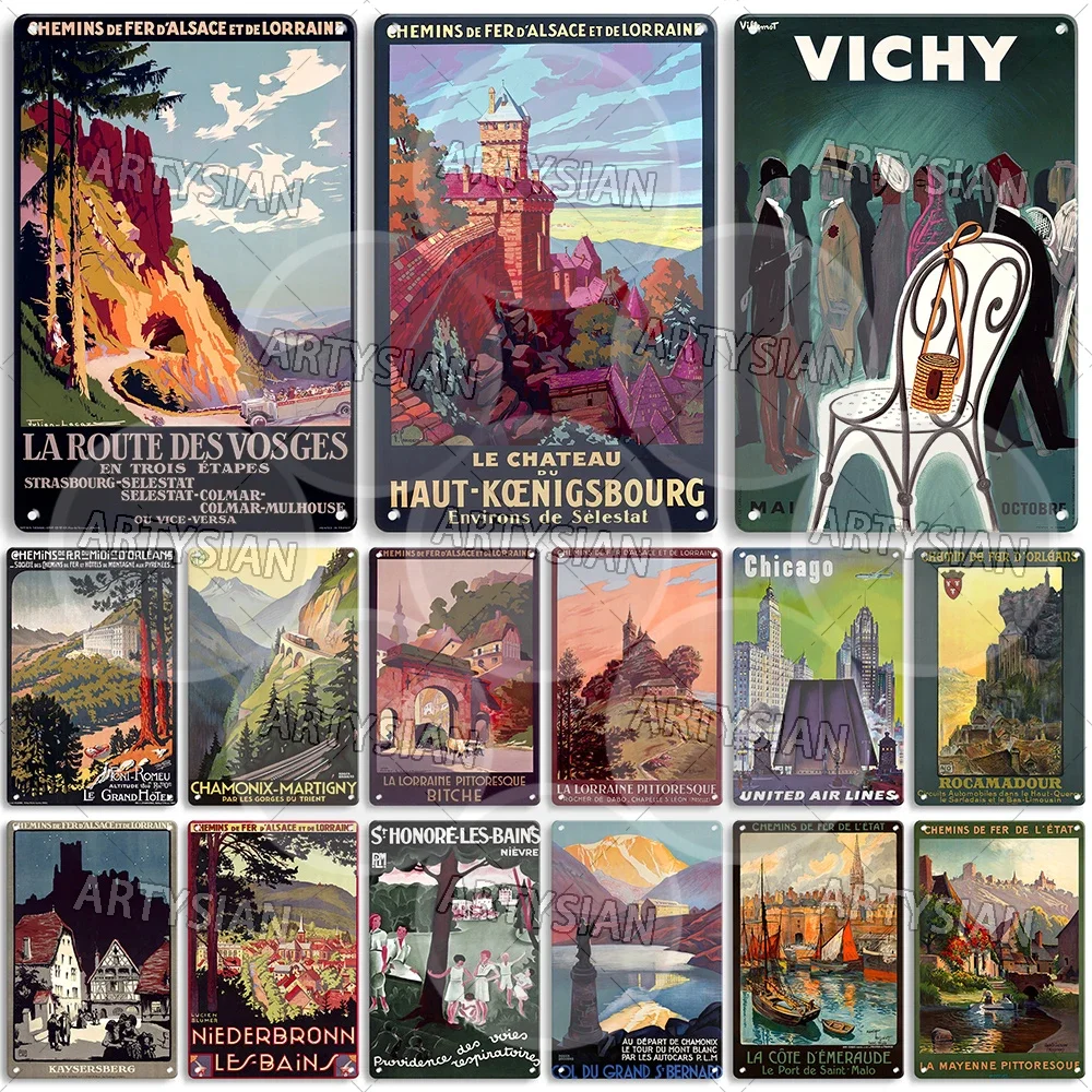 France Travel Poster Metal Sign Côte d'Azur Font-Romeu d'Émeraude Mayenne Kaysersberg Vichy Pierrefonds Menton Bitche Riquewihr