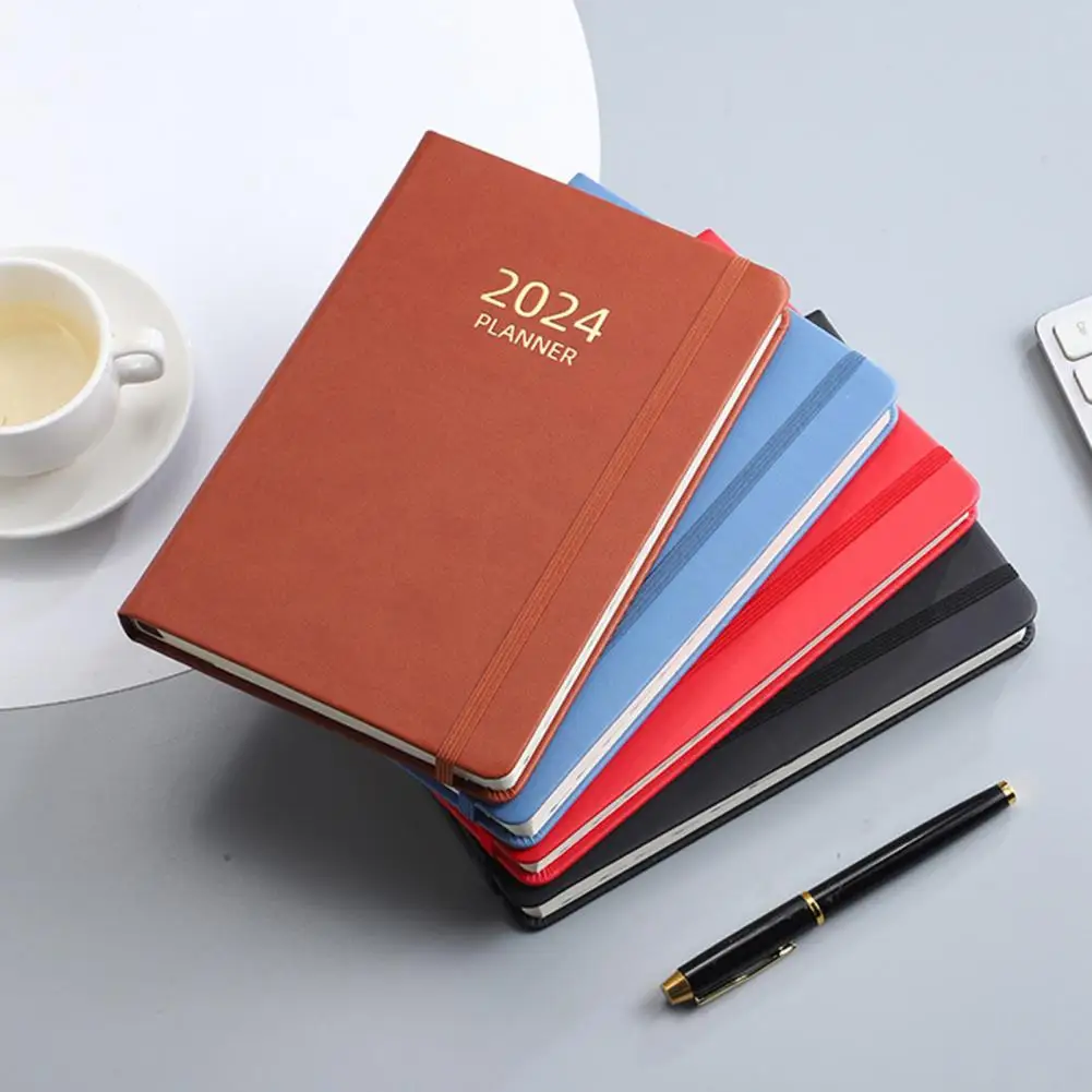 A5 2024 English Planner Ink-proof Paper Notebook 2024 A5 Elegant Faux Leather Hardcover Planner 360 Pages Ink-proof Paper