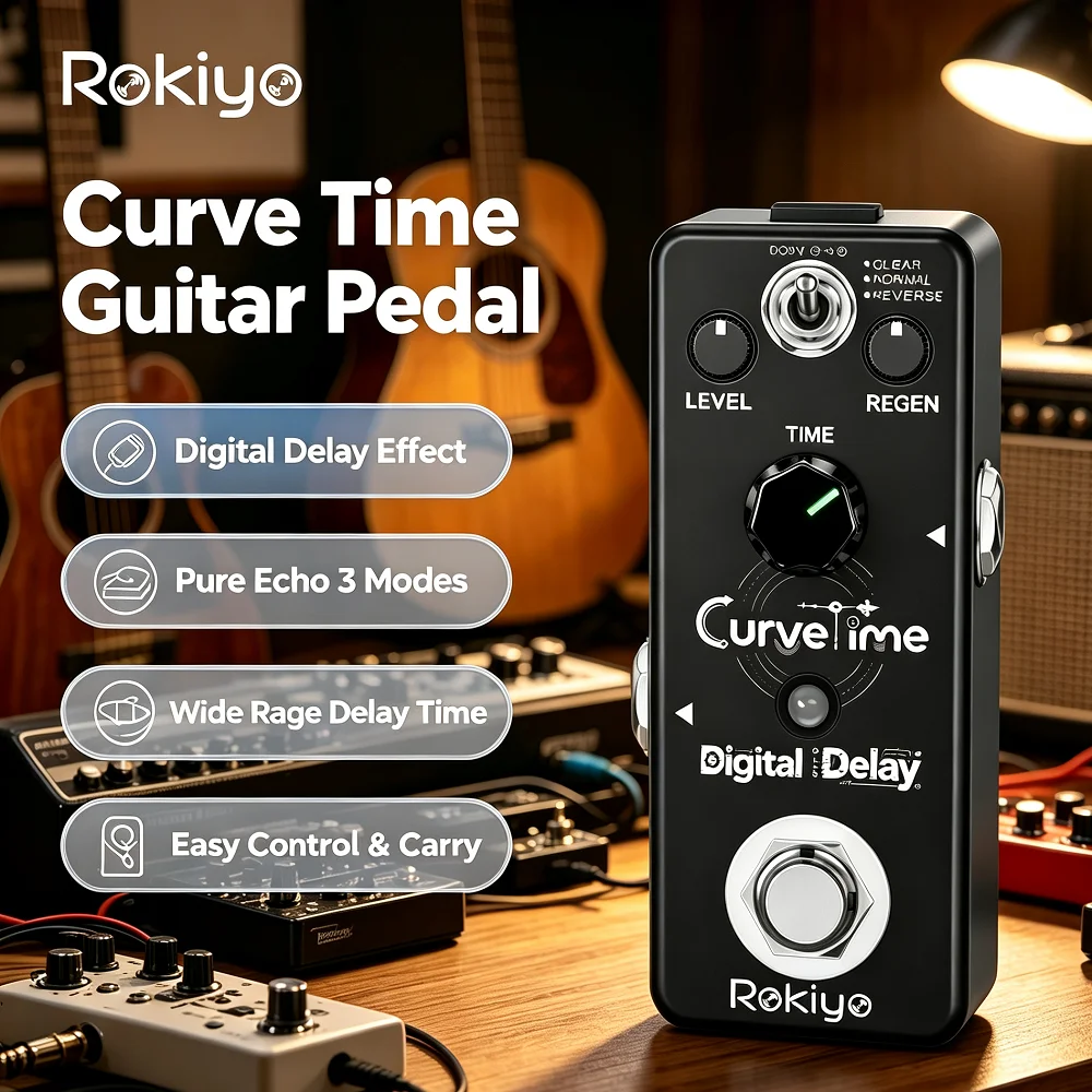 Rokiyo Curve Time Digital Delay Pedal Pure Echo Stompbox 3 Modes Clear Normal Reverse 24bit 44.1kHz DSP Mini Guitar Effect Pedal