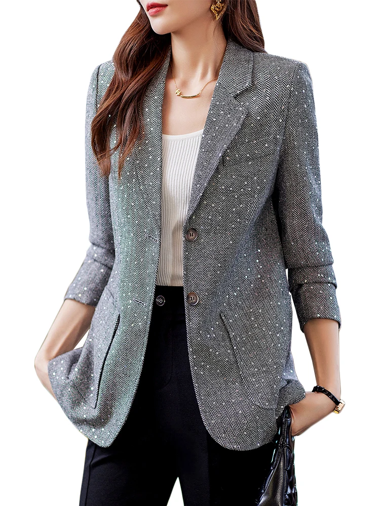 Autumn Winter Gray Coffee Single Breasted Women Blazer Ladies Female Business Work Wear Formal Jacket With Pocket