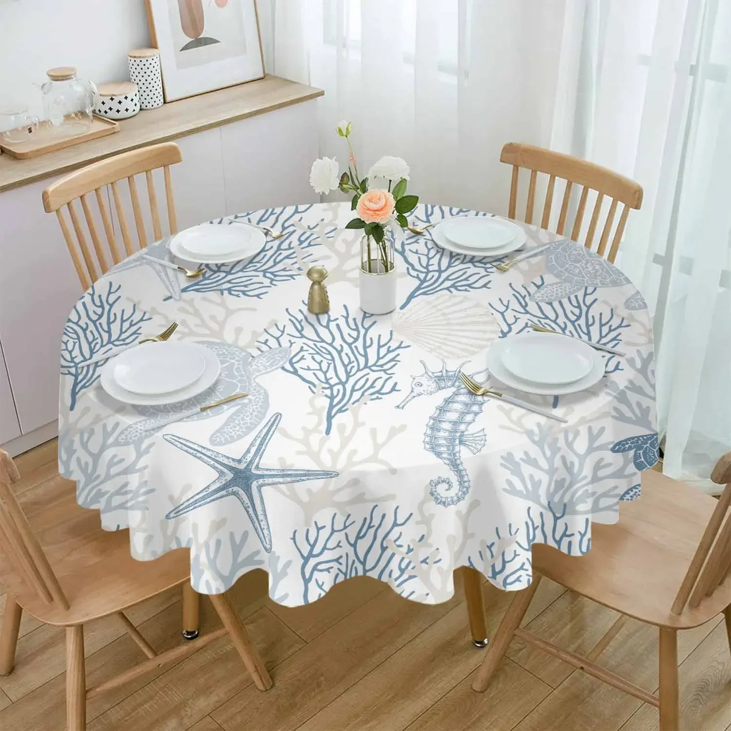 Marine Coral Shells Starfish Sea Turtles Seahorses Blue Round Tablecloth Waterproof Table Cover Home Kitchen Decor Table Cloth