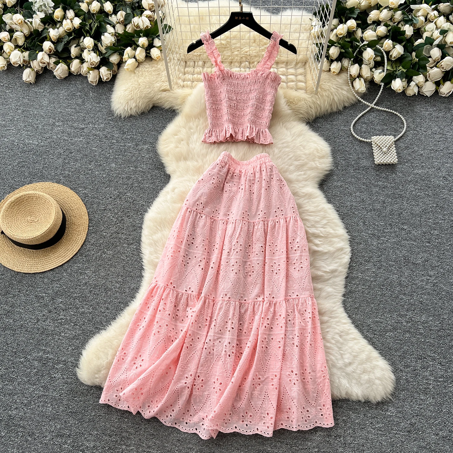 

Chic Elegant Ruched Embroidered sweet Korean Fashion Fairy Sexy High Waist Vestidos Summer Vacation Two Piece Set