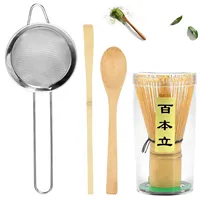 4Pcs Matcha Whisk Set Handmade Bamboo Matcha Whisk Traditional Tea Scoop Deep Scoop Tea Strainer Clear Whisk Storage Holder