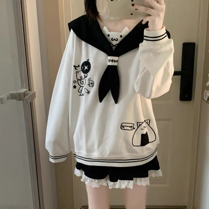 Deeptown Kawaii Japanischer Stil Pullover Damen Harajuku Süßes Cartoon Sweatshirt Cutecore Lolita Oversize Matrosenkragen Pullover