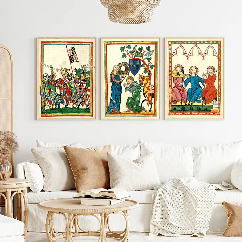 Medieval Antique European Art Posters Lovers on Horse Prints Canvas Printing Retro Wall Picture for Living Room Home Decoration