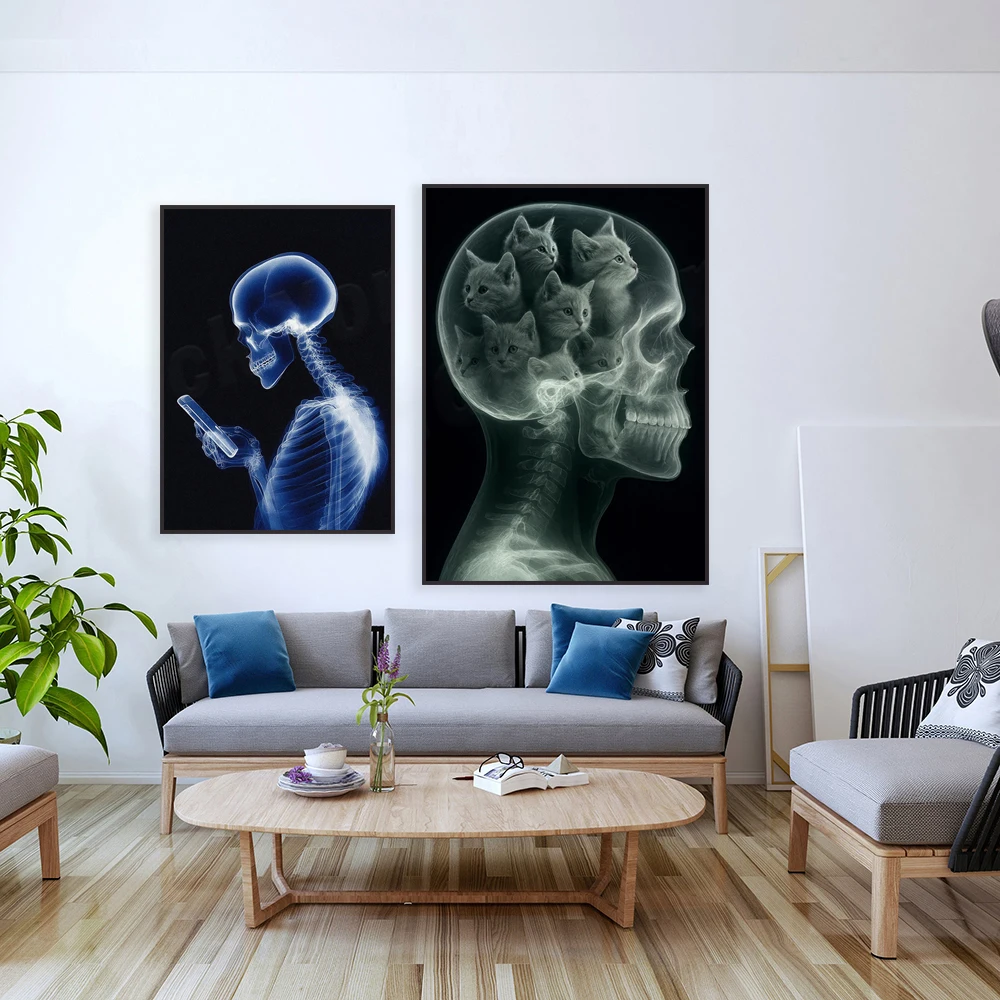 Fun cat X-ray art, cat-themed art, X-ray skeletal patterns, science-critical art, thought-provoking home decor posters.