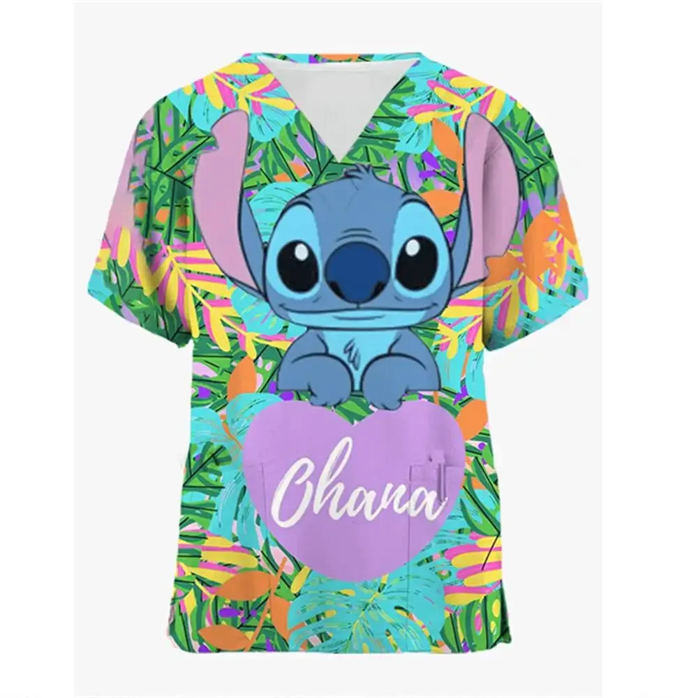 Miniso Hospital T-shirt V Neck Stitch Summer Tops Nurse Uniform Disney Shirts Pocket Top Women 2024 T-shirts Woman Clothes Tees