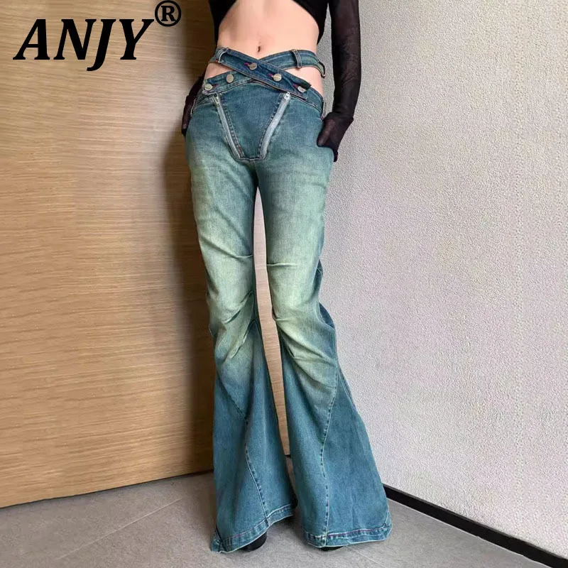 

ANJY Autumn New Women Chic Flared Jeans Slim Fit Hollow Out Pleated High Waisted Streetwear Trendy Distressed Denim Pants A10069