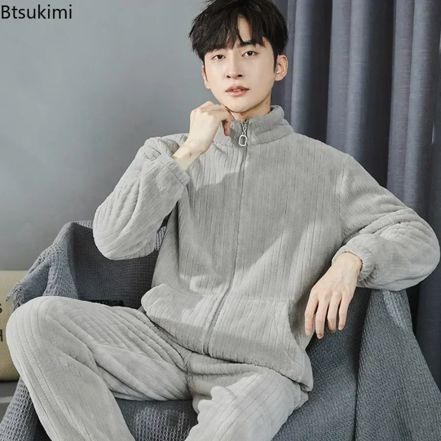 2024 Autumn Winter Men's Thickened Warm Pajama Sets High Quality Flannel Zip Stand Collar Tops Pants Lounge Sleepwear Two Pieces