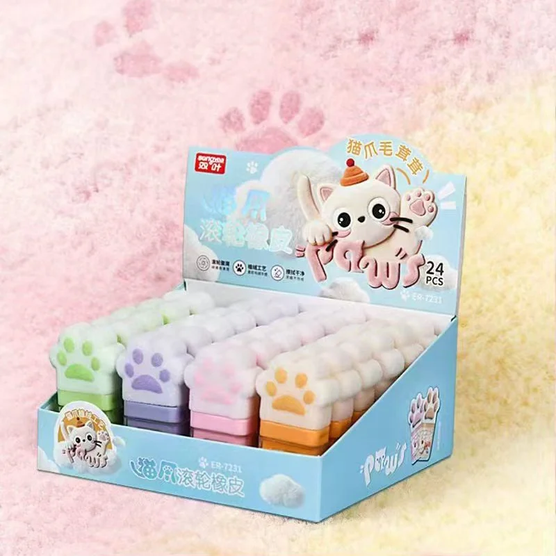 24pcs/lot Kawaii Cat Paw Roller Eraser Cute Writing Drawing Pencil Erasers Stationery Gifts School Supplies