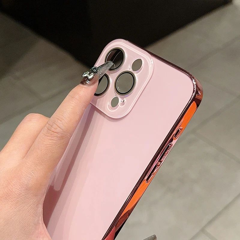 Original Solid Color Inlaid Bright Label With Lens Film - Electroplated PC iPhone Case For iPhone 11 12 13 14 15 (With LOGO)