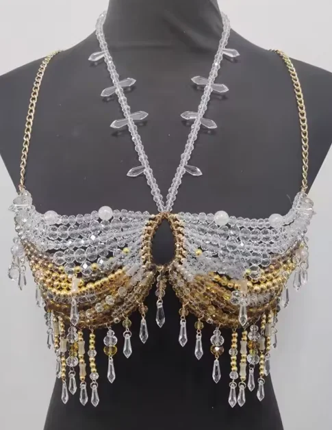 Arnês de lingerie artesanal frisado sutiã halter pescoço transparente borla oco para fora topos corpo beachwear exagerado frisado pescoço sutiã