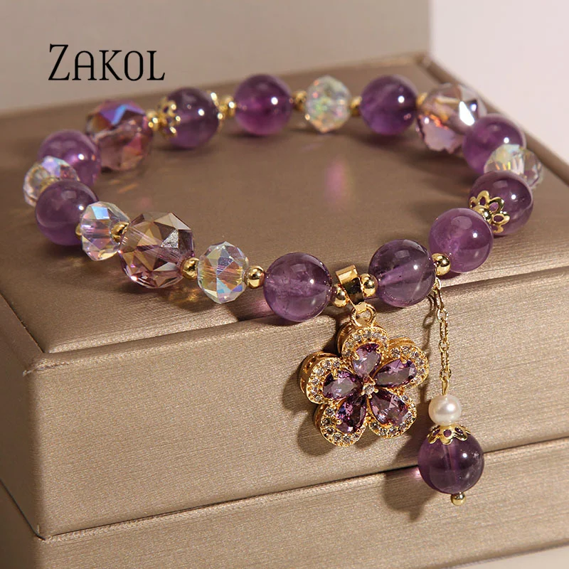 ZAKOL Retro Ethnic Style Drop Shaped Inlaid Purple Crystal Beaded Bracelet For Women Evening Fashion Exquisite Hand Jewelry