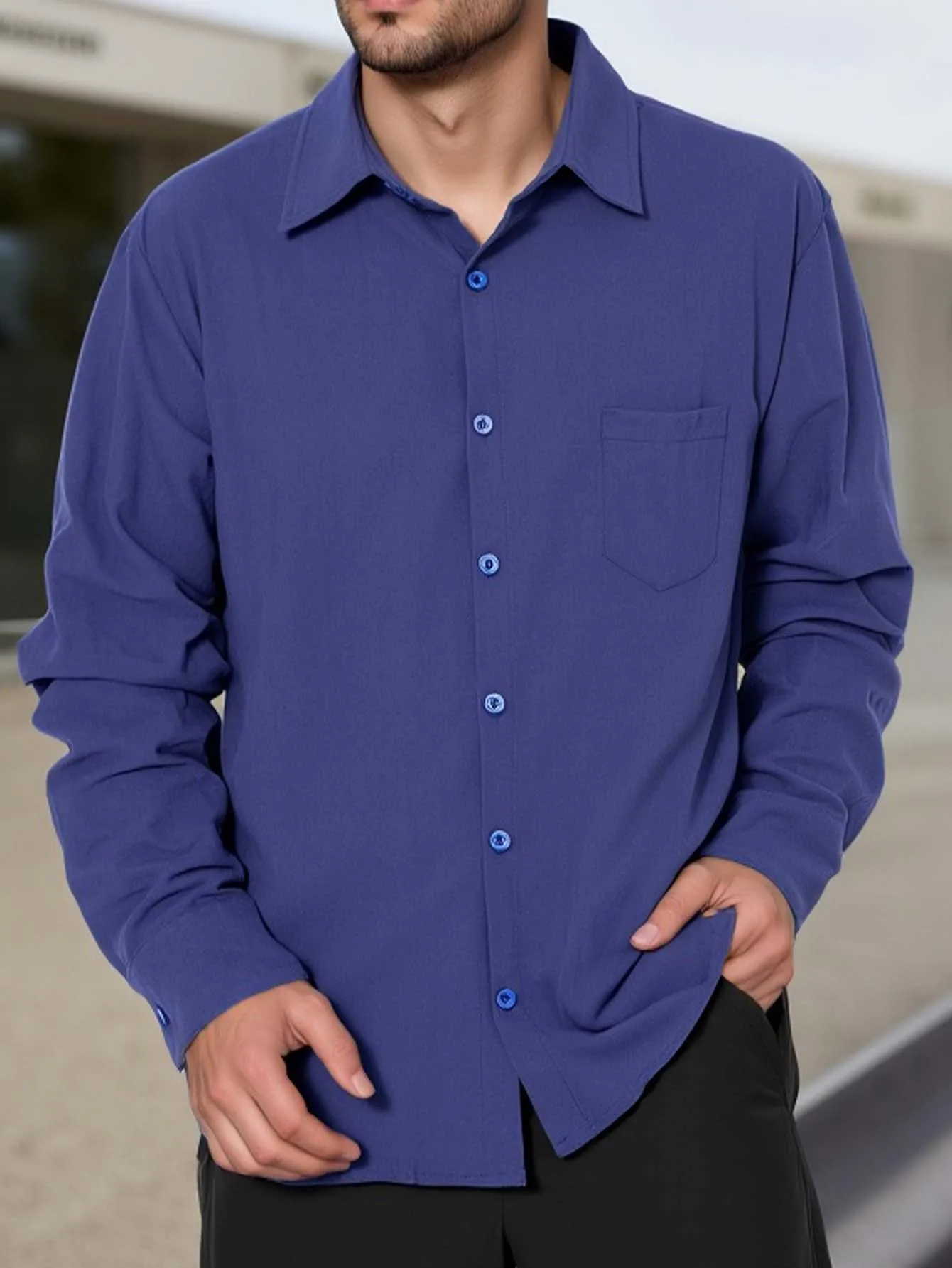 Men's Casual Long-Sleeved Shirt Comfortable Cotton Linen Lapel Pocket Loose Solid Color Fashionable Cardigan