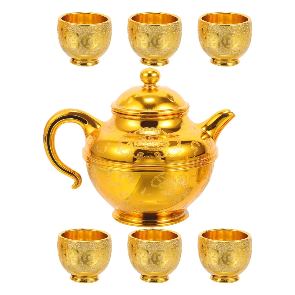 

Sand Gold Teapot Flat Cup Set Small Plastic Temple Cups Household Offering Ceremonies Everyday Use Quality Religious