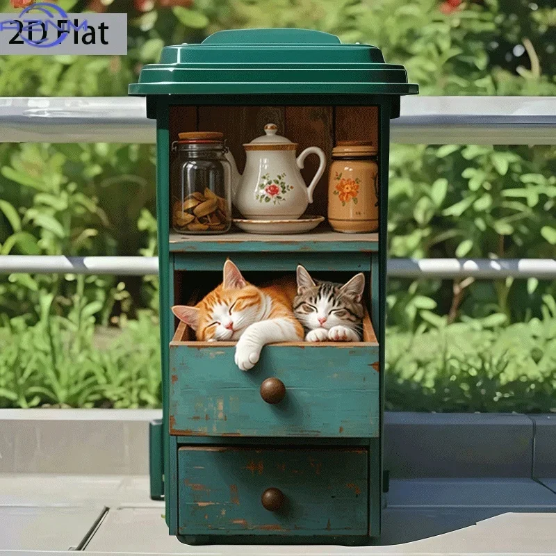 [2D Flat Printing] 1pc Trash Can Sticker  Drawer Sleeping Cats Theme Design Self-Adhesive Wall Decoration Kitchen Trash Can De