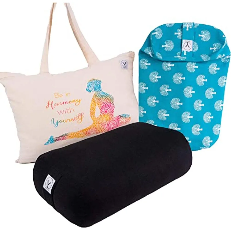 Yoga Bolster - Made with 100% Cotton, Yoga Pillow Set Includes Extra Washable Cover and Carry Bag