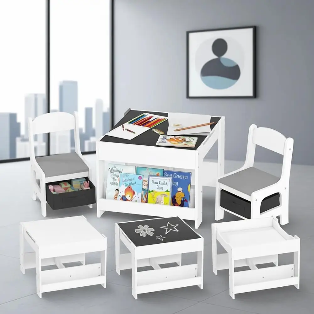 

Детский деревянный столик для занятий из 3 предметов с доской, местом для хранения и книжными полками, серый