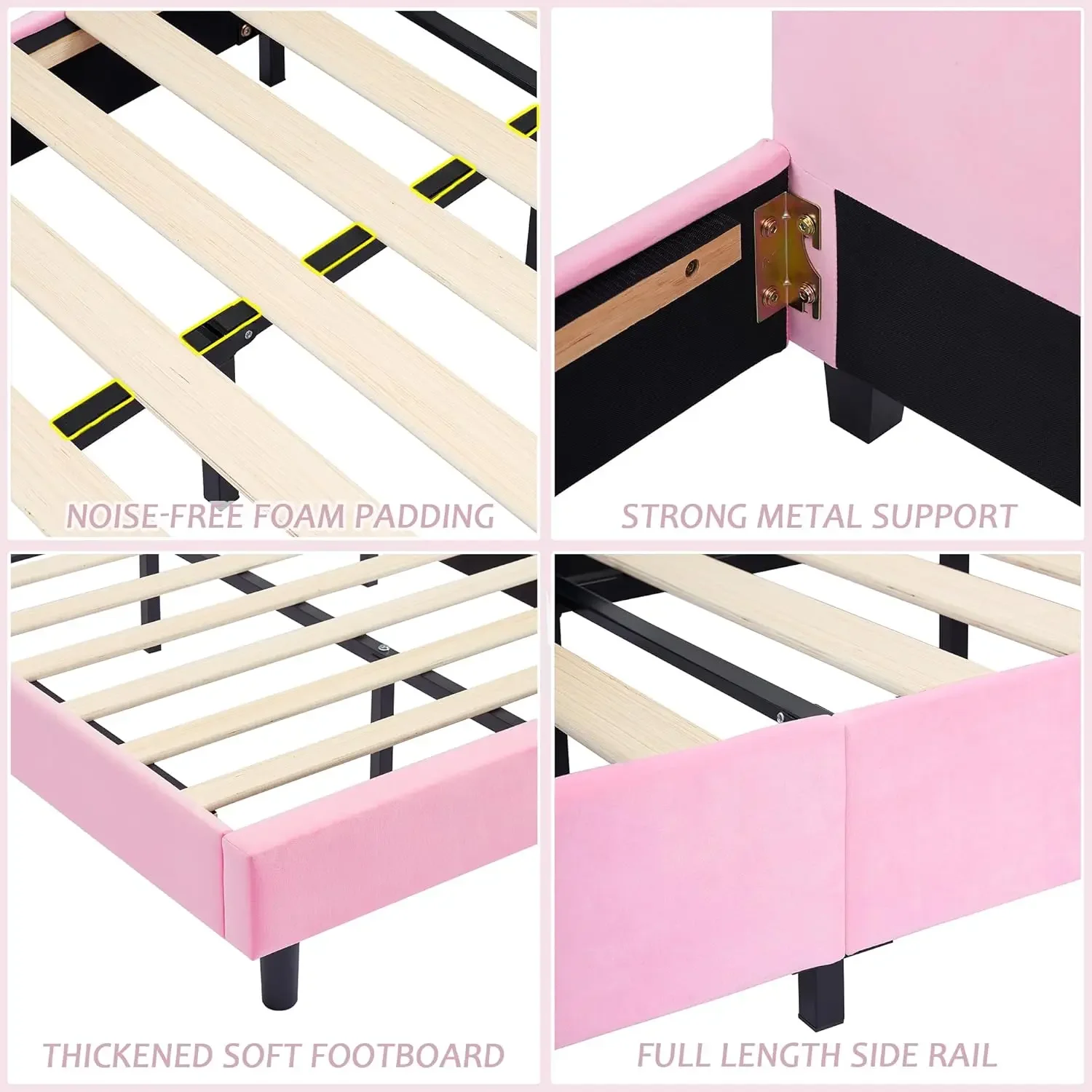 Pink Twin Bed Frame with Bunny Ear Headboard, Upholstered Velvet Padded for Girls, Sturdy Wood Slats, No Box Spring Needed