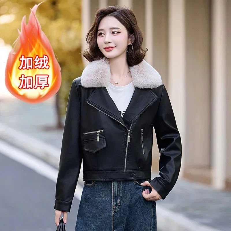 

Warm Lamb Jacket Winter Women Thick Short Motorcycle Coats Faux Shearling Leather Jackets Zip Cool Outwear Women'S Coat