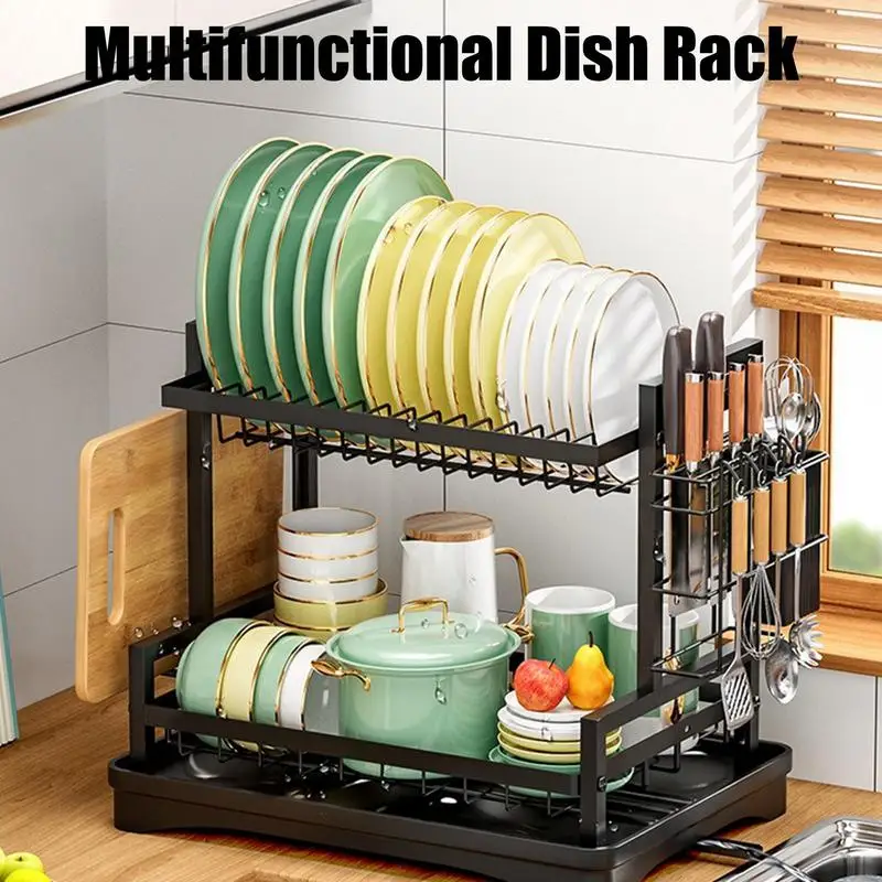 2 Tier Dish Draining Rack Cutlery Rack With Drain Tray And Drip Line Cup Holder Cutlery Holder Kitchen Countertop Storage Rack