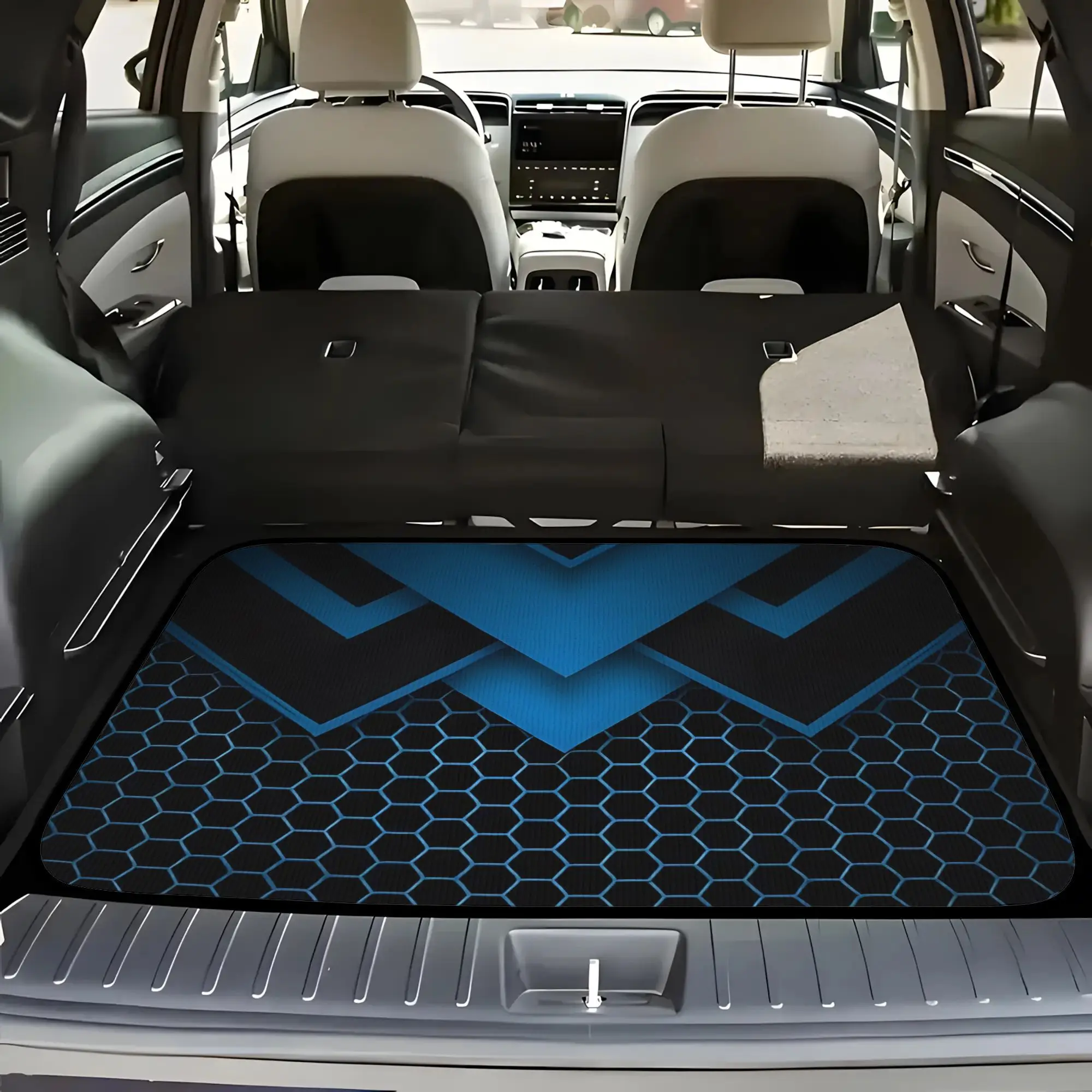 2D Plane 5pcss Tech Mecha Honeycomb Print Car Floor Mat | Trunk Liner - 5pcss Set (Including 4 Floor Mats And 1 Trunk Liner) Wit