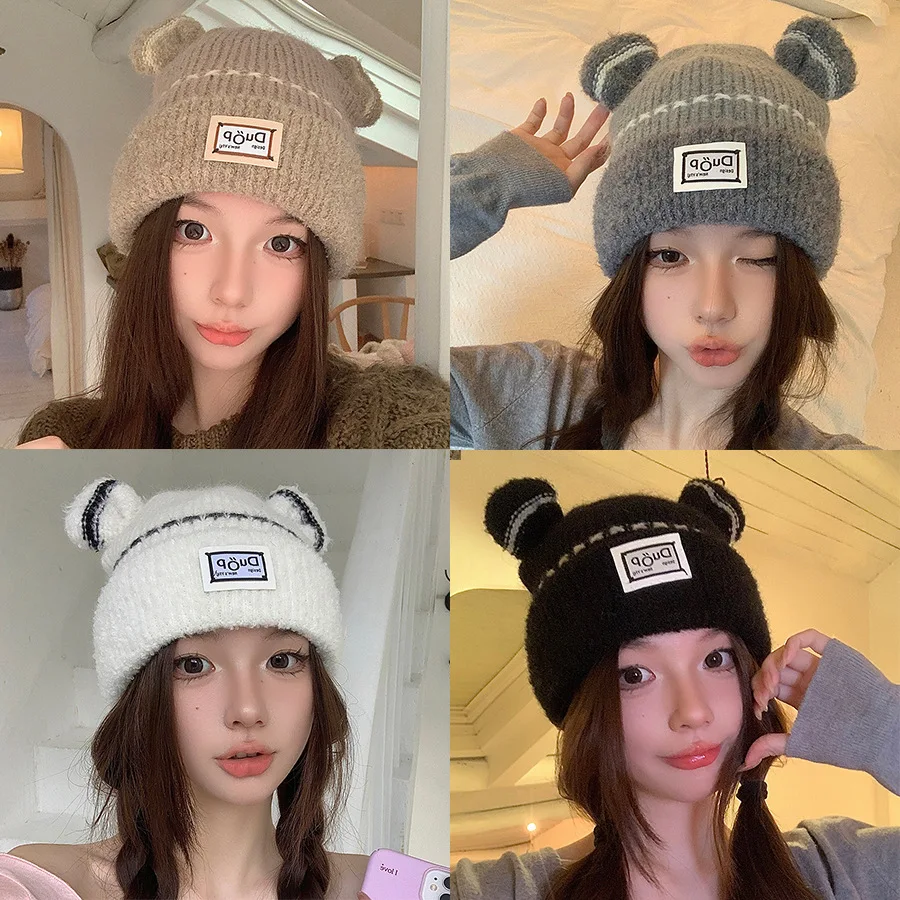Xiaohongshu Girl Cute Bear Thickened Velvet Knitted Hat Korean Versatile Winter Age-reducing Cartoon Double Ball Wool Hat