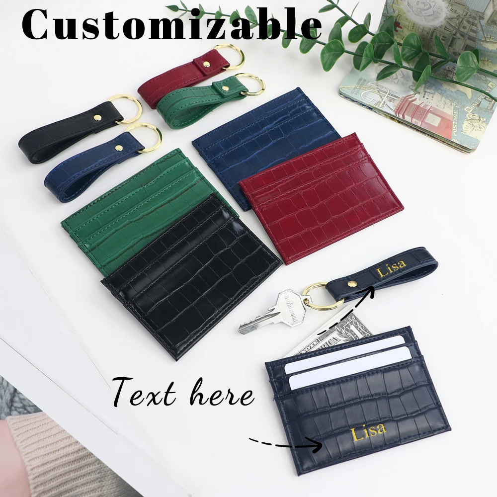 Customized name 1 set of solid-color crocodile-patterned PU leather universal ultra-thin credit card holder keychain set
