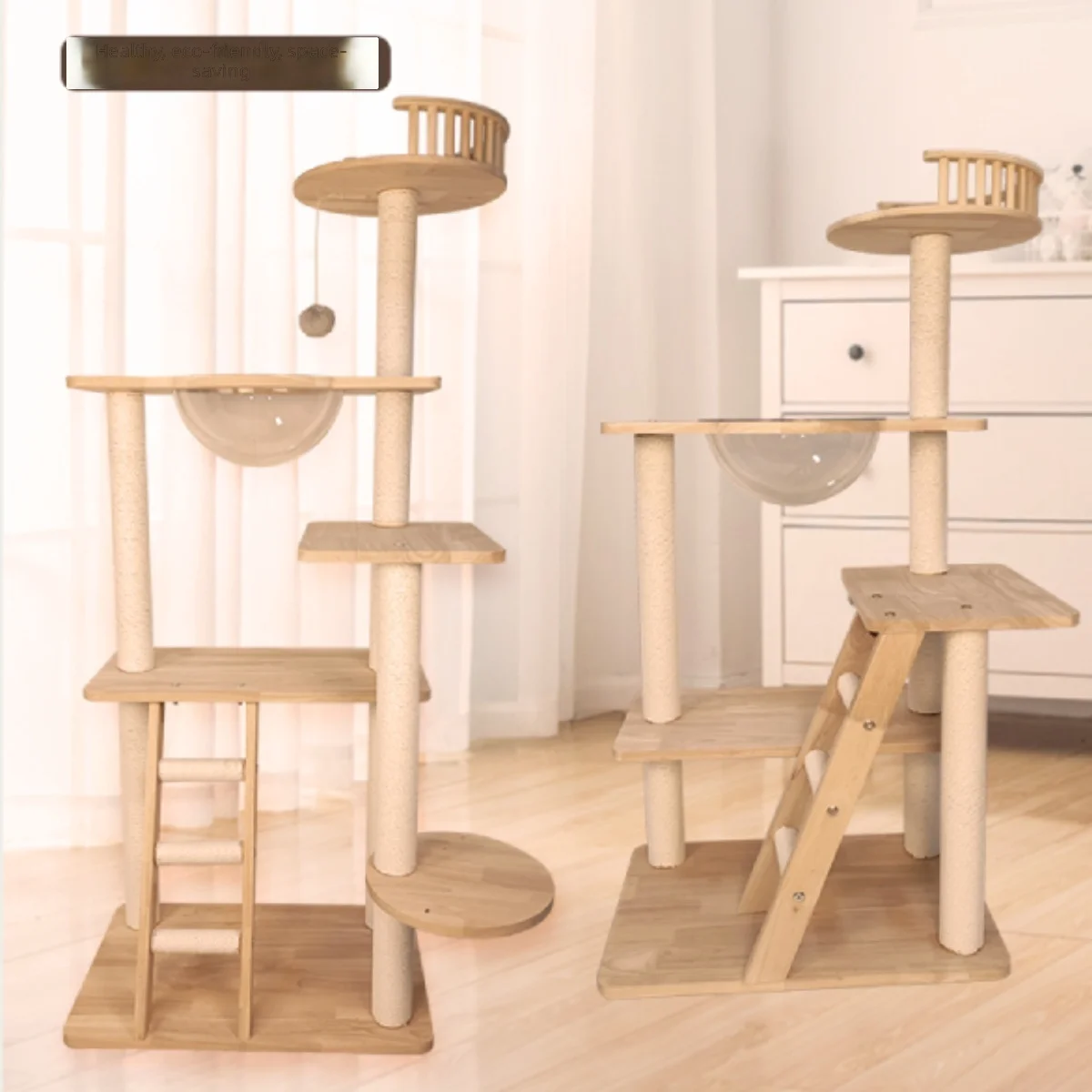 

Solid Rubberwood CatTree for Large Cats,MultiLevel Scratching Post,Wooden Cat Condo with Perches&Hanging Toys,Cat Climbing Tower