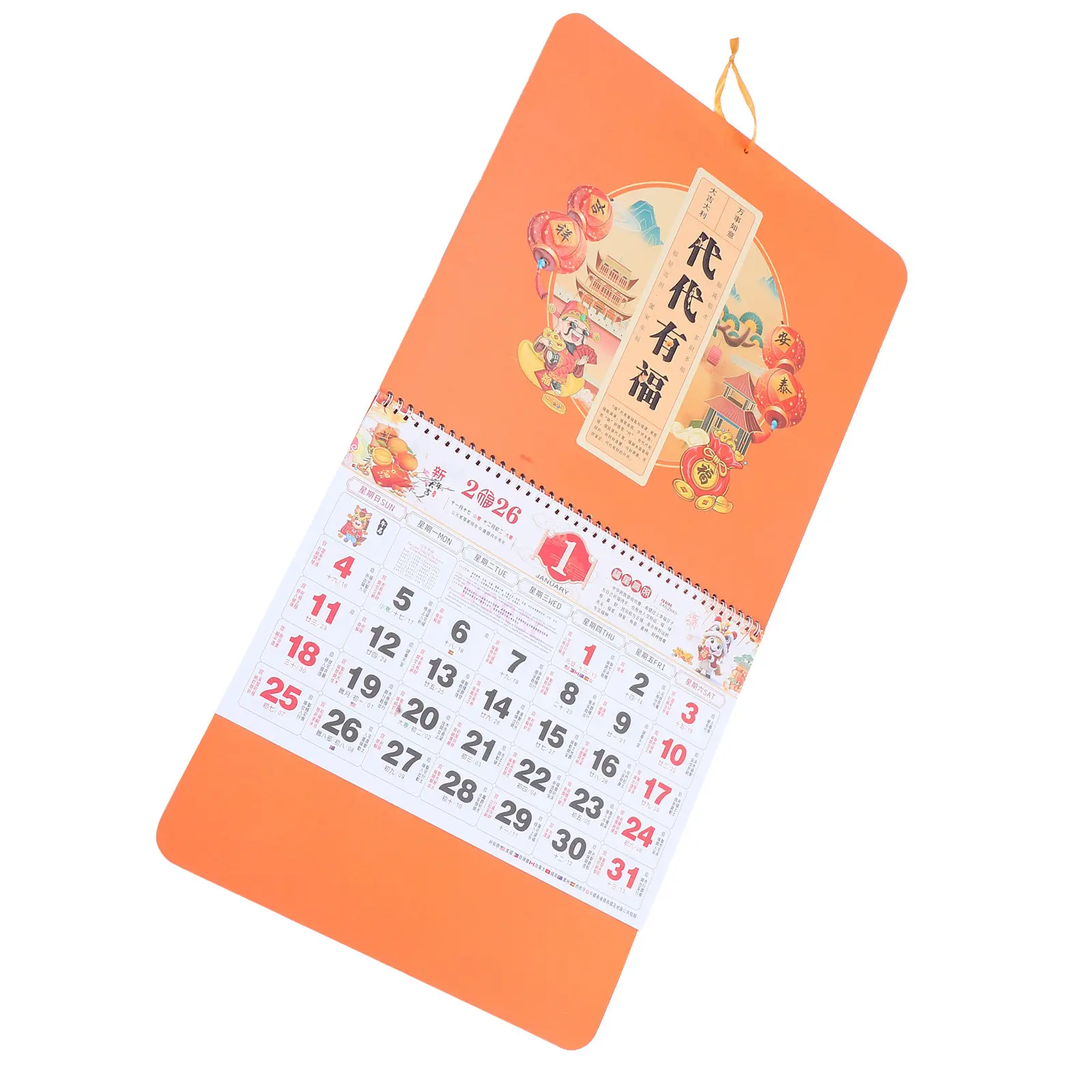 

Китайский настенный календарь на 2026 год (Год Лошади) в стиле подвесного свитка с четким ежемесячным раскладом, благоприятный лунный календарь по знаку зодиака для дома