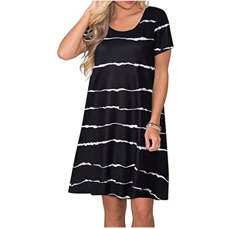 

Women Short Sleeve Striped Short Dresses Summer Round-Neck Street Style Ladies Mini Dress Loose Casual Oversized A-Line Dress