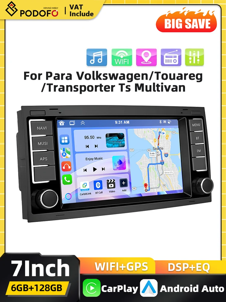 Podofo 6G+218G 2Din Carplay Autoradio für VW Touareg Transporter Ts Multivan Android Auto GPS Mirror Link FM RDS USB Bluetooth