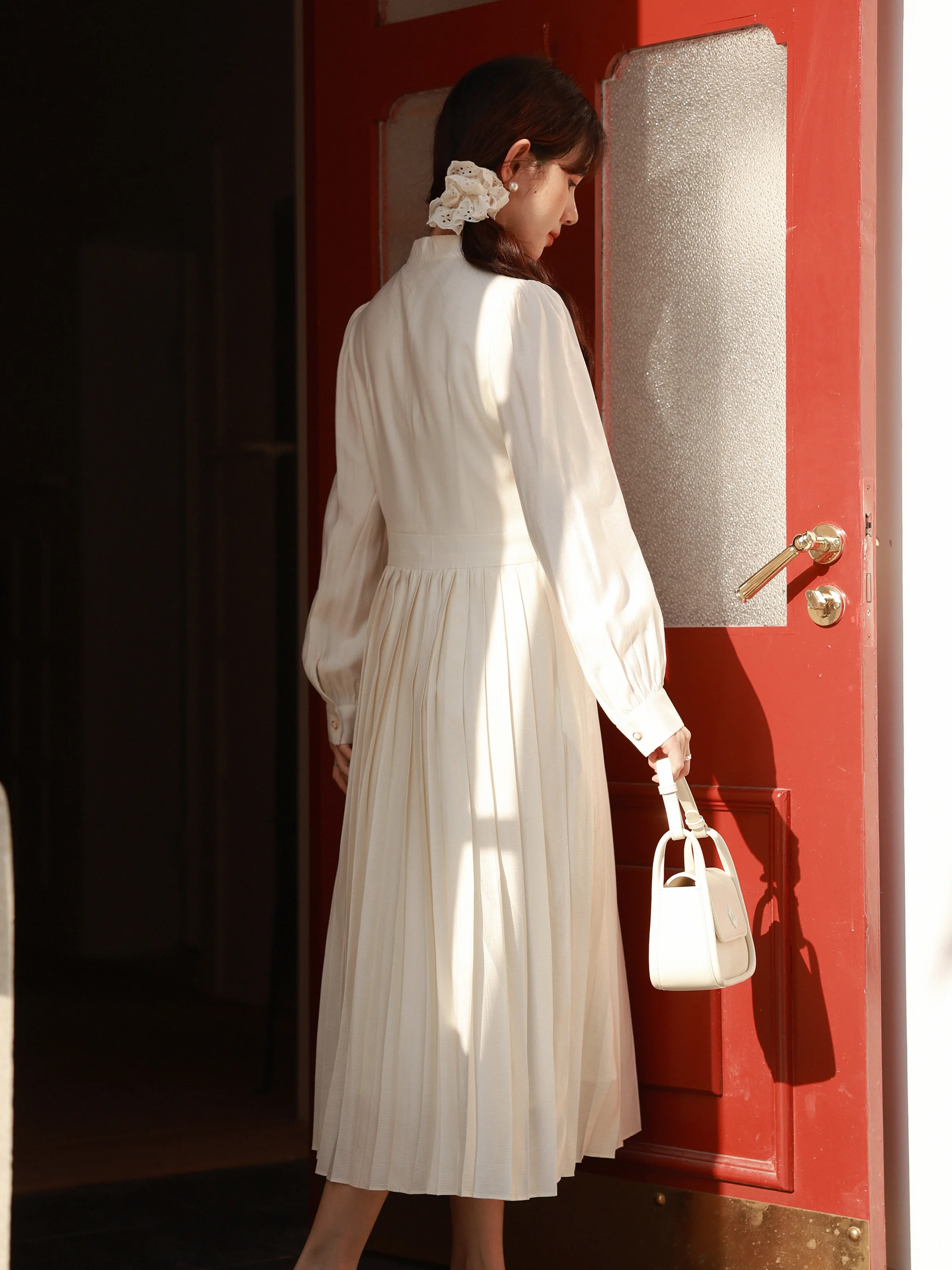 Elegant Lace Pleated Dress Vintage Chinese Style Midi Dress Long Sleeve Slim Sweet A-Line Dress for Women Spring Autumn Outfit