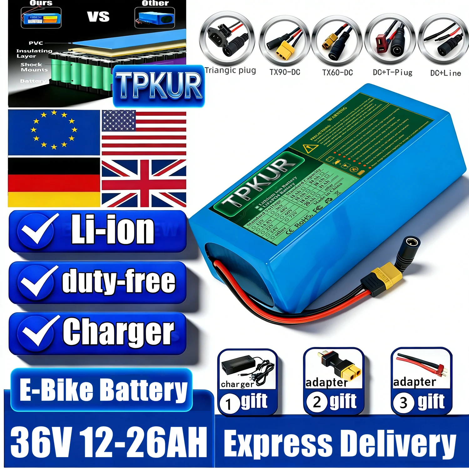 36V 20Ah ,12AH,16AH,26AH,10S3P,4P,5P lithium battery High Capacity pack large capacity suitable for 48V 250-1500W built-in BMS