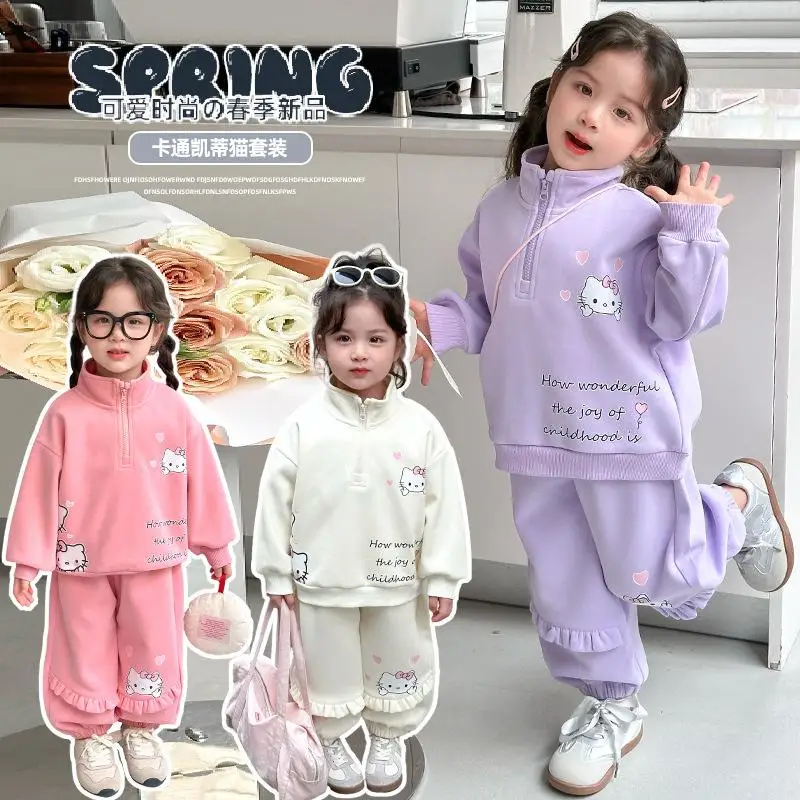 

Спортивный костюм Sanrio для девочек, длинные штаны, Hello Kitty Kawaii, аниме, студенческие осенние повседневные топы, спортивные штаны, комплект из 2 предметов, детская одежда