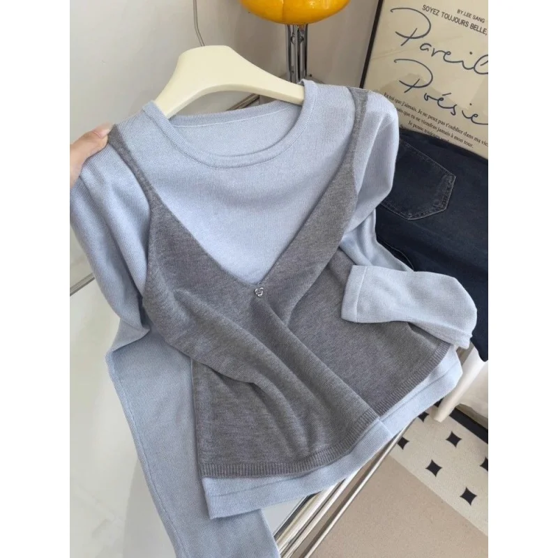 

Корейский стиль: Новинка! Женский укороченный топ с длинным рукавом, круглым вырезом, тонкий, свободного кроя, в стиле колор-блок, для осени и зимы.