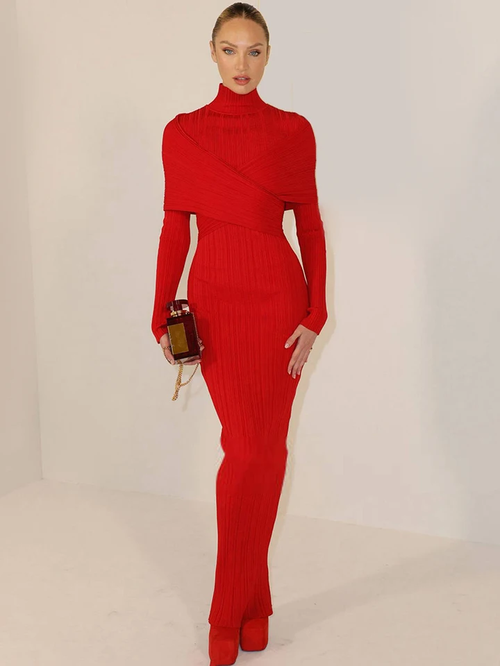 VC Red Jacquard Bandage Long Dress Turtle Neck Cross Design knitted Slim Fit Shawl Style Long Sleeves Pleated Evening Gown - AliExpress 200000345 VC Red Jacquard Bandage Long Dress Turtle Neck Cross Design knitted Slim Fit Shawl Style Long Sleeves Pleated Evening Gown - AliExpress 200000345